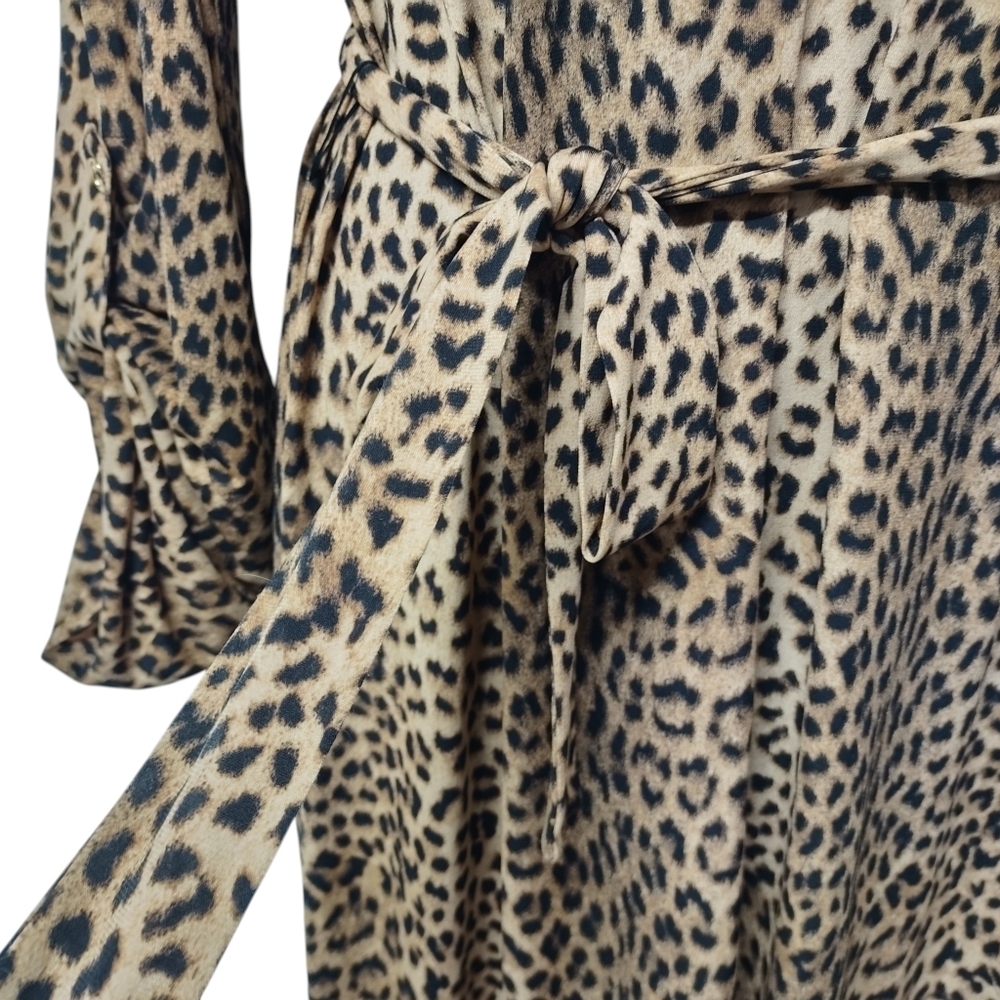 MICHAEL KORS Leopard Print Chain Lace-Up Neck Roll-up Tab Sleeve Dress Sz L NWT - Picture 8 of 12